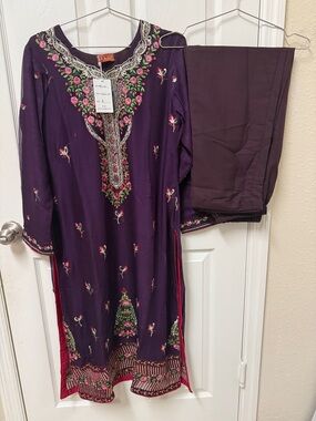 NWT Embroidered Purple Salwar Kameez Set with Pink & Green Accents